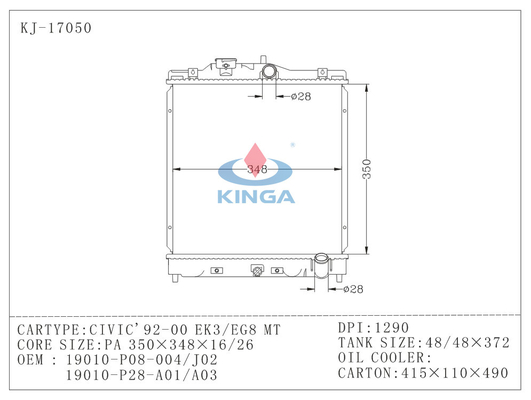 Honda Civic Aluminum Radiator Civic'92-00 Ek3 / Eg8 OEM 19010-P08-004 / J02 Pdi 1290 supplier