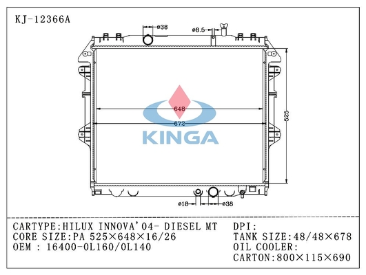 Innova 2004 Toyota Toyota Hilux Radiator Oem 16400 0L160 With Plastic Tank supplier