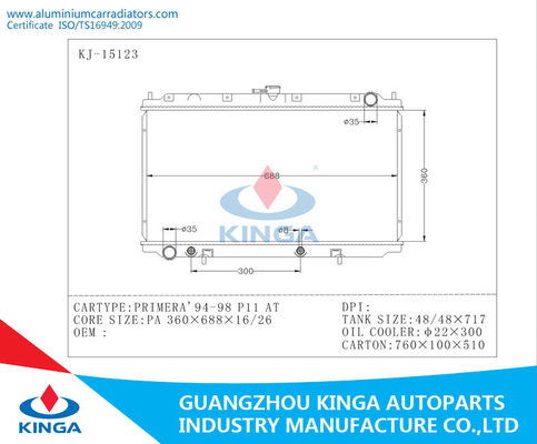 94 - 98 Aluminum Auto Nissan Radiator for PRIMERA P11 OEM 21460-2F300/9F510/9F511 supplier
